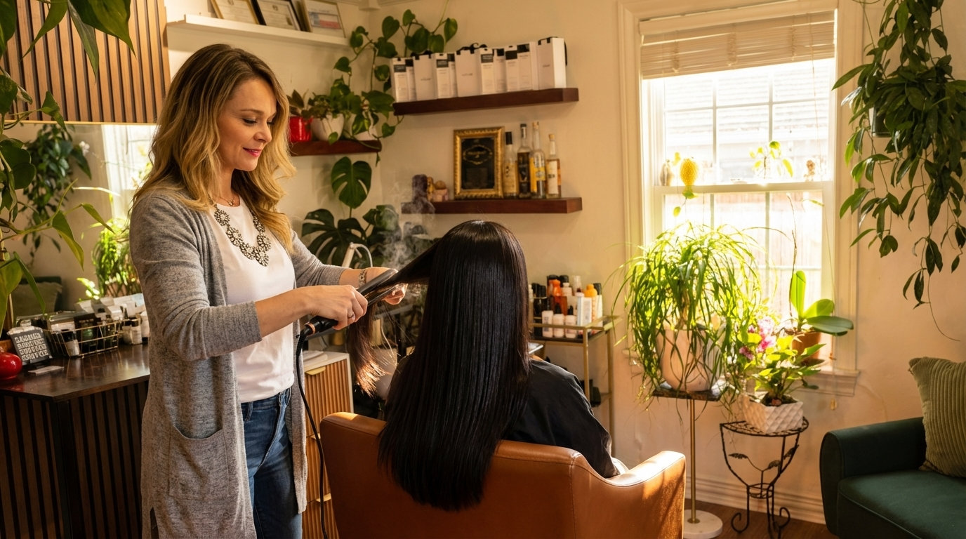 Professional heat styling with flat iron at Boncomb Beauty in Arlington, Texas