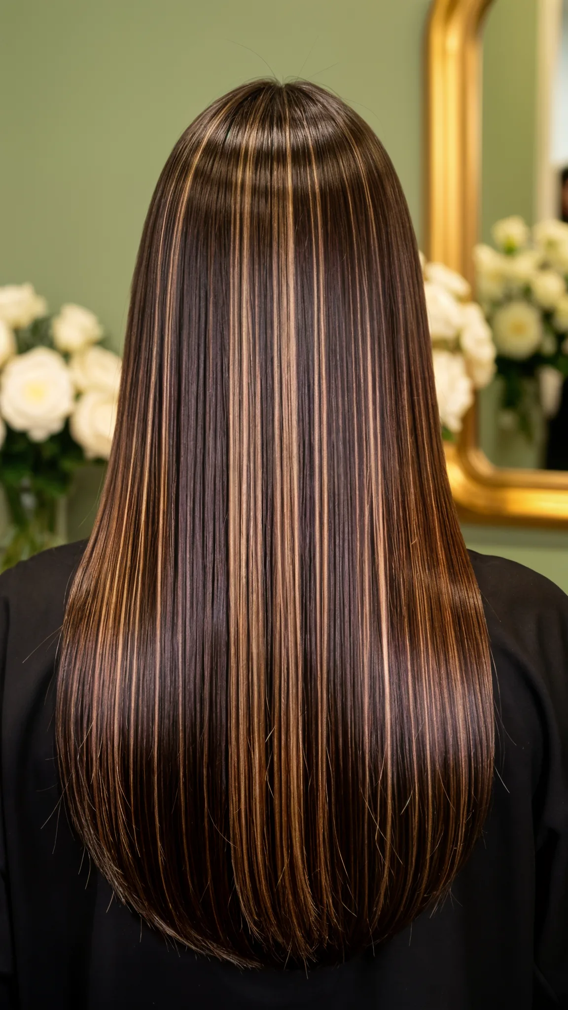 Brazilian Blowout result, long dark brown hair perfectly smooth with glass-like shine, sage-green salon backdrop, Boncomb Beauty Arlington TX